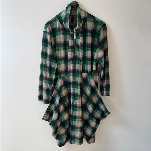 Lavena womens tartan dress top M green black checker big pockets collar zipper - Picture 3 of 11